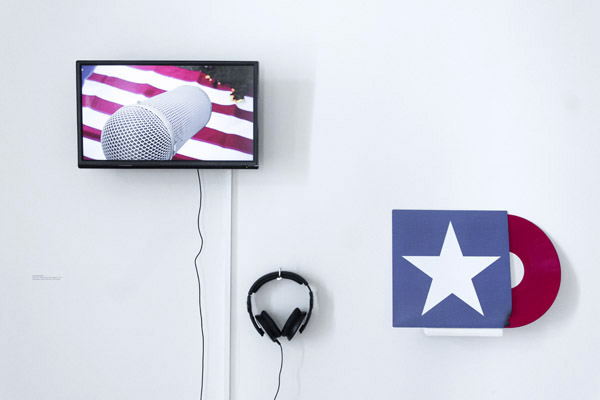 Installation view of What is the Sound of One Flag Burning?